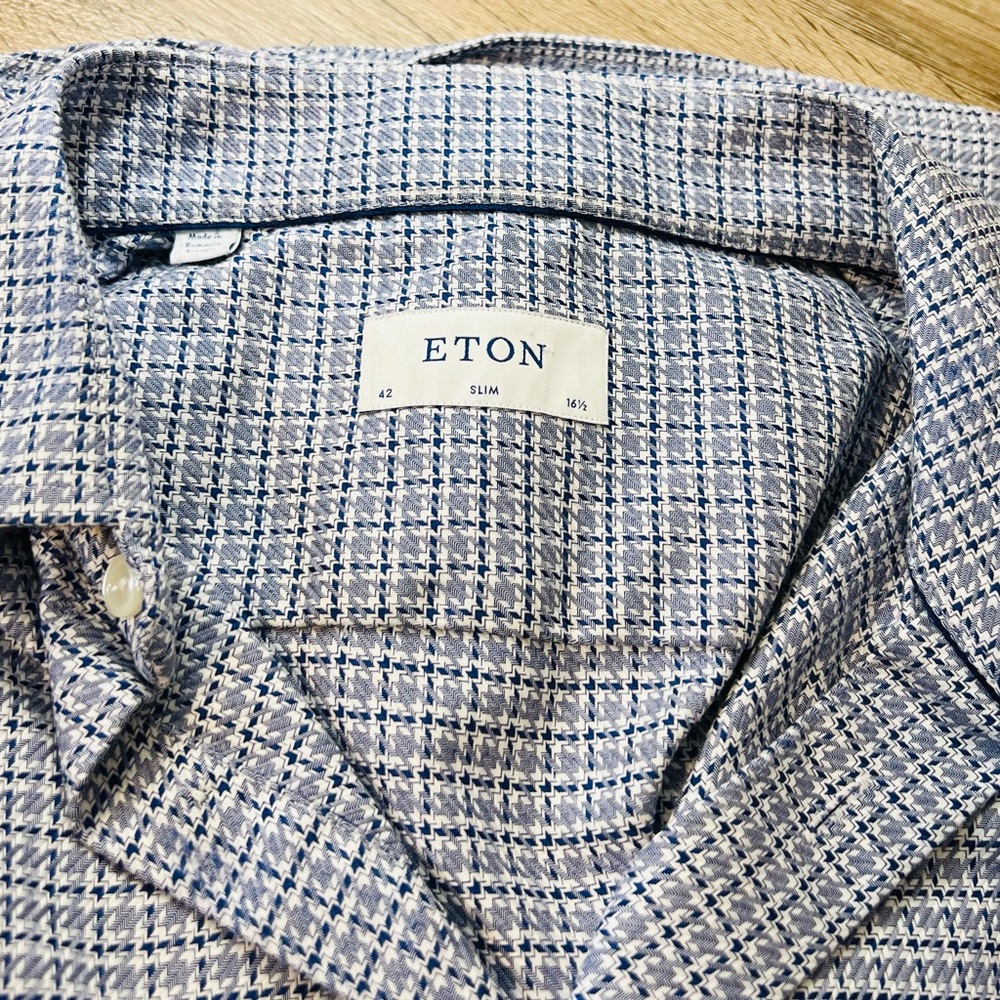 Eton Men's Navy Checkered Button Down Shirt